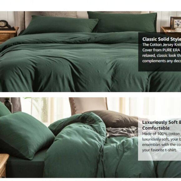 100% Cotton Jersey Knit T-Shirt Forest Green King Duvet Cover Set - Picture 2 of 10